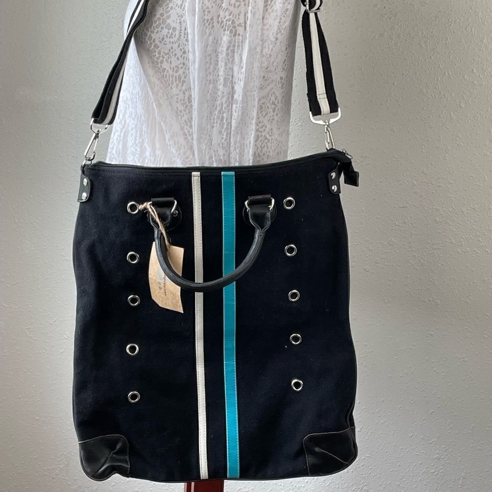 NWT TOKYO BAY Black White & Teal Striped Sturdy Canvas Crossbody Handbag